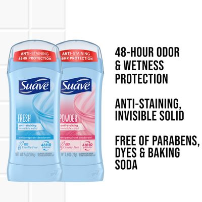 Suave Deodorant Women, Antiperspirant, Powder and Fresh Bundle, 48-Hour Odor & Wetness Protection, with Essential Oils, anti-staining, no baking soda Bundle 4 x 2.6 oz