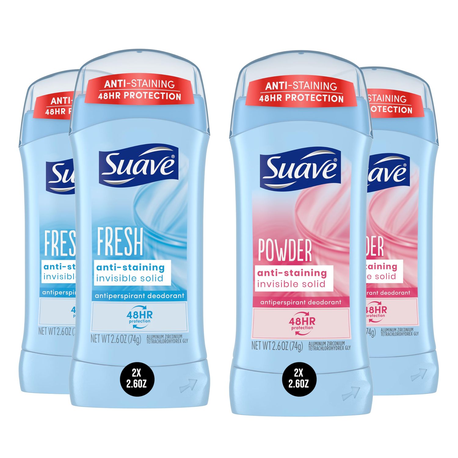 Suave Deodorant Women, Antiperspirant, Powder and Fresh Bundle, 48-Hour Odor &amp; Wetness Protection, with Essential Oils, anti-staining, no baking soda Bundle 4 x 2.6 oz