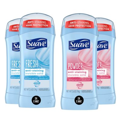 Suave Deodorant Women, Antiperspirant, Powder and Fresh Bundle, 48-Hour Odor &amp; Wetness Protection, with Essential Oils, anti-staining, no baking soda Bundle 4 x 2.6 oz