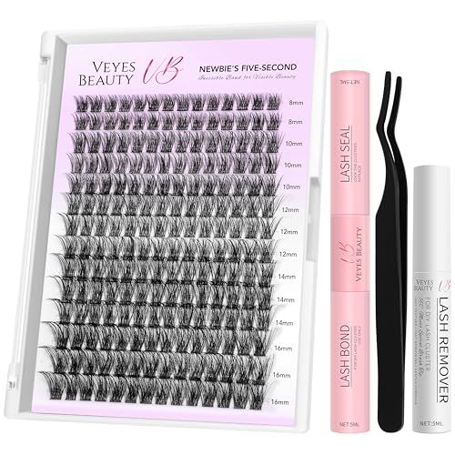 VEYESBEAUTY Lash Clusters Kit Individual Eyelash Extensions Thin &amp; Invisible Band DIY False Eyelashes Newbie&#39;s Five-Second Series Wispy Lash Tray, Boldeye KIT with Bond&amp;Seal Remover Applicator