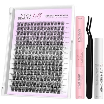 VEYESBEAUTY Lash Clusters Kit Individual Eyelash Extensions Thin &amp; Invisible Band DIY False Eyelashes Newbie&#39;s Five-Second Series Wispy Lash Tray, Boldeye KIT with Bond&amp;Seal Remover Applicator