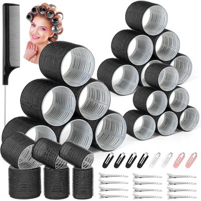 39PCS Self Grip Curlers 3 Sizes - Black 2.5in, 1.9in, 1.4in Rollers with Duckbill Clips for Long, Medium, Short, Thick, Fine Hair Volume and Bangs