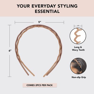 Kitsch Hairband - Zig Zag Headbands - Recycled Plastic Hair Band for Men &amp; Women | Classic 90s Headband &amp; Hairband | Mens Headband | Wavy Headband with Teeth | 2pc (Neutral)