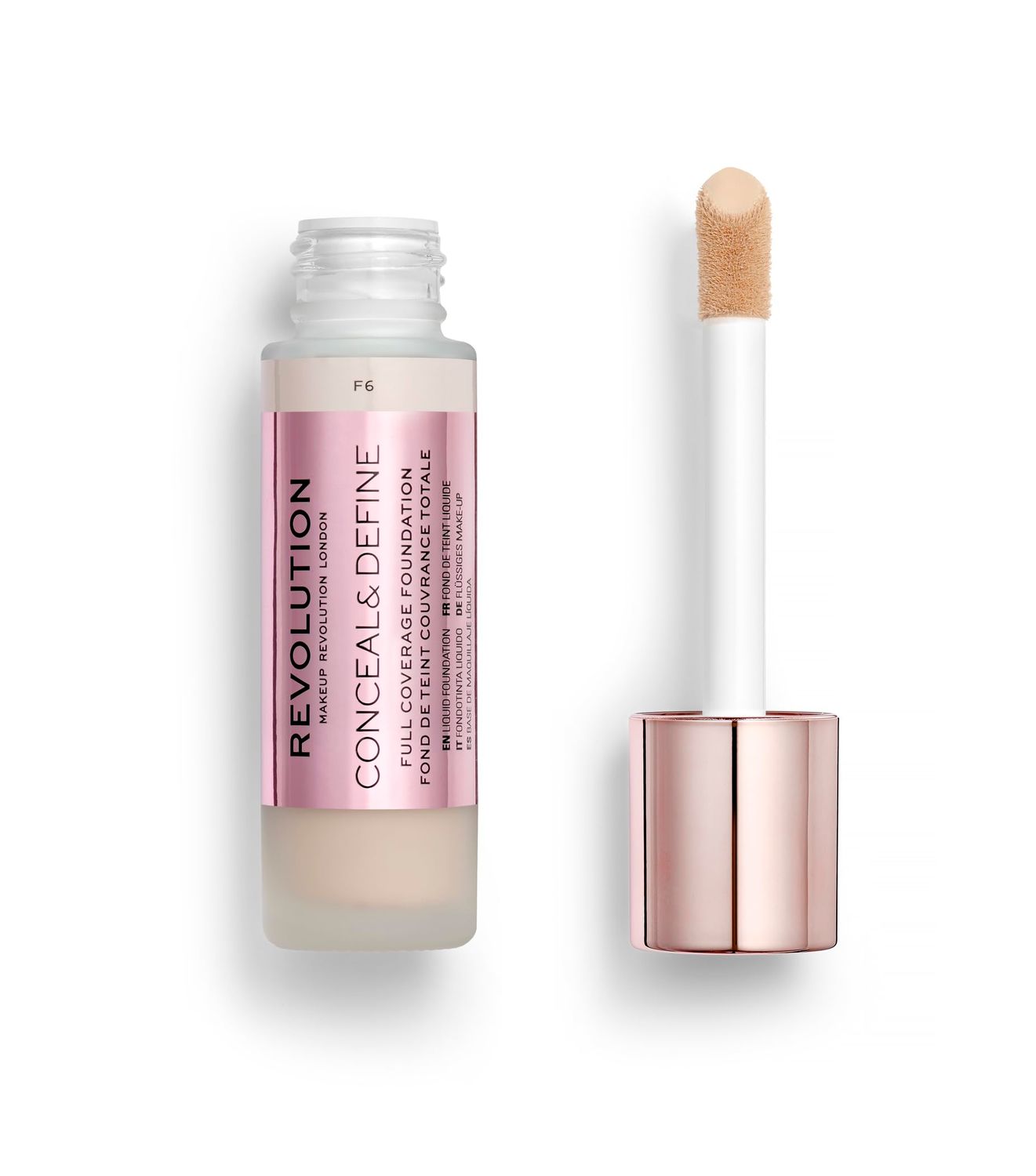 Revolution Beauty, Conceal &amp; Define Foundation, Full Coverage, Long-Lasting Matte Finish, Vegan &amp; Cruelty Free, F6 Light to Medium Skin Tones, 0.8 Fl.Oz.