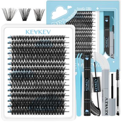 KevKev Lash Extension Kit 300Pcs Lash Clusters Kit DIY Eyelash Extension Kit with Lash Bond and Seal Eyelash Remover Lash Applicator Wispy Lashes Look Like Extensions (60D70D80D, D-10-18mix)