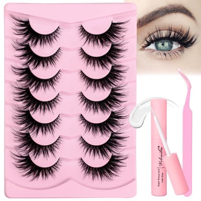 Veleasha Lashes Kit with Glue &amp; Tweezer Cat Eye Lashes that Look Like Extensions Fluffy Faux Mink Lashes Wispy Fox Eye Lashes Natural Look 7 Pairs Fake Eyelashes Pack (Cat Eye)
