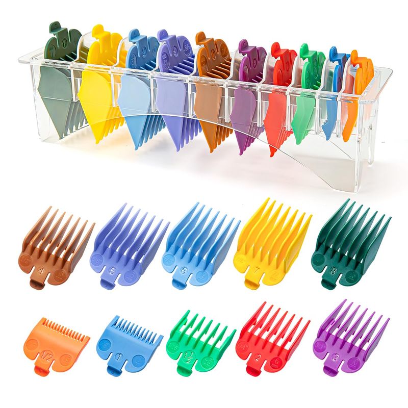 10 Professional Hair Clipper Guards Cutting Guides Fits for Most Wahl Clippers with Organizer, Color Coded Clipper Combs Replacement - 116" to 1"