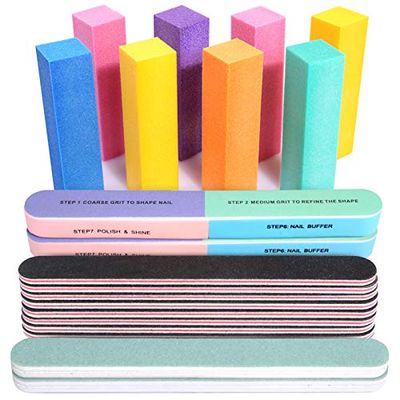 FANDAMEI Nail Files and Buffers, 20PCS Professional Manicure Tools Kit. Rectangular Nail Buffer Block &amp; 100180 Grit Nail File, 7 Way Nail File &amp; Nail Polishing Buffer. Nail Care Tool