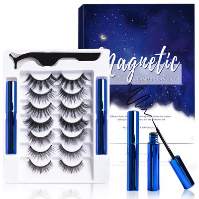 Magnetic Eyelashes and Eyeliner Kit, Premium Magnetic Lashes 3D Natural Look with Eyeliner and Tweezers, Lightweight &amp; Sweatproof False Eyelashes No Glue Needed, Easy to Wear and Reusable (7 Pairs)