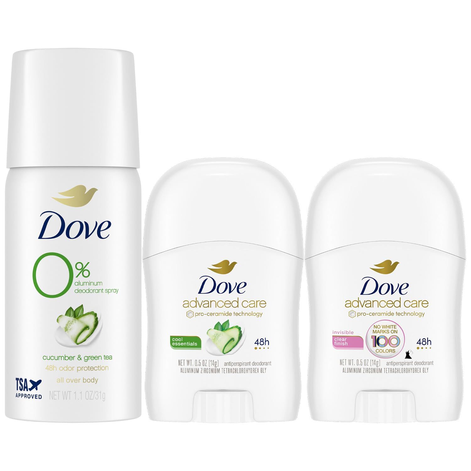 Dove Travel Deodorant Bundle - Advanced Care Invisible Clear Finish &amp; Cool Essentials Mini Deodorant  Cucumber &amp; Green Tea Aluminum-Free Deodorant Spray (3 Piece Set)