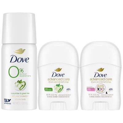 Dove Travel Deodorant Bundle - Advanced Care Invisible Clear Finish &amp; Cool Essentials Mini Deodorant  Cucumber &amp; Green Tea Aluminum-Free Deodorant Spray (3 Piece Set)