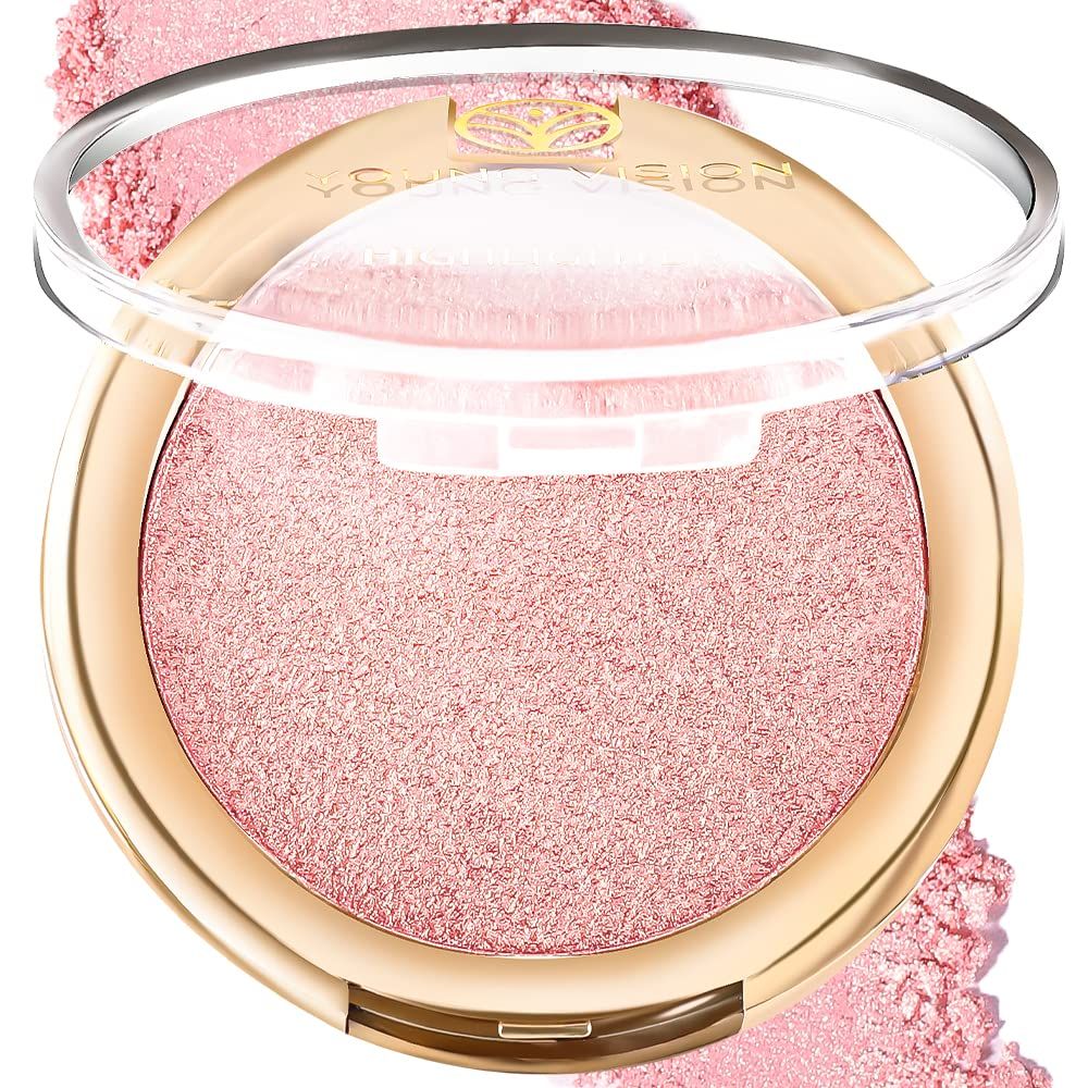 YOUNG VISION Baked Highlighter Powder Palette, Sheer Pearl Shimmer Shades for Face Highlighter Makeup, RosePink Blush Powder, Highly Pigmented Iluminadores de Maquillaje, 0.19 Oz(Pack of 1)