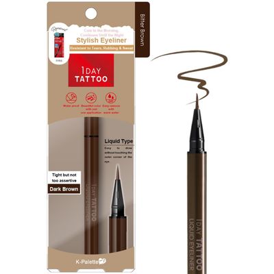 K-Palette 1Day Tattoo Waterproof Liquid Eyeliner Pen, Precision Tip for Long-Lasting, Smudge-Proof Eyeliner, Stay-All-Day Liquid Eyeliner, Bold &amp; Vibrant Colors, 02 Bitter Brown