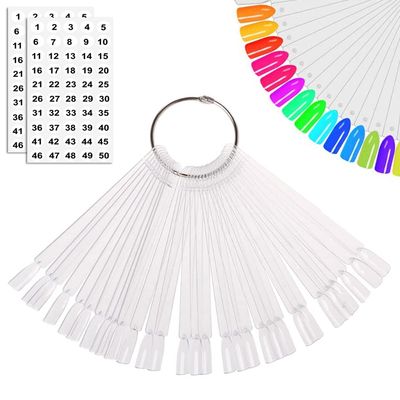 JASSINS 50 Pcs Nail Swatch Sticks with Ring and Numbered Tips - Clear Fan-shaped Display for Nail Art Polish Practice