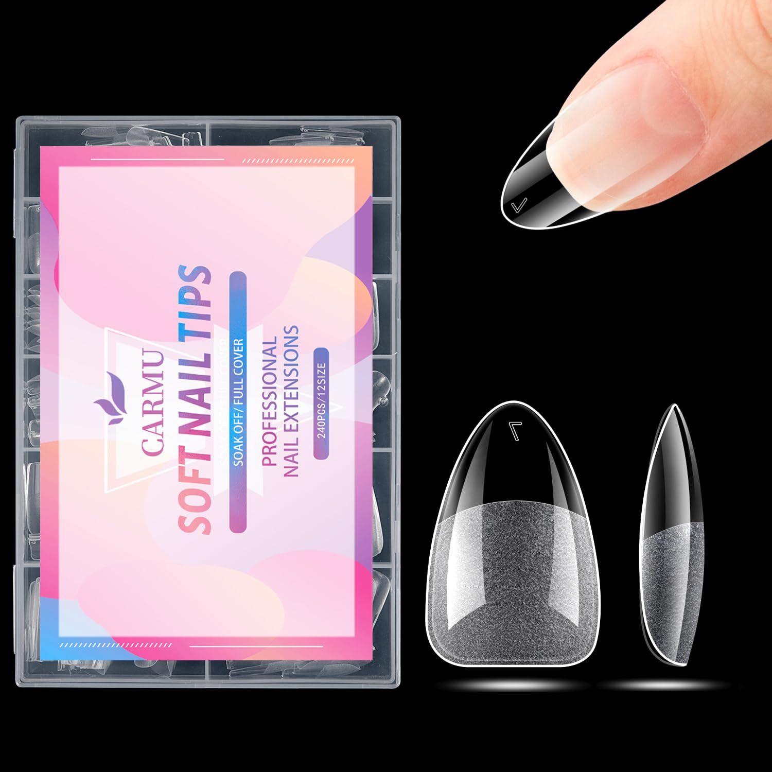 Carmu Short Almond Gel Nail Tips, 240pcs Soft Acrylic Nail Tips Half Matte Pre-shape Full Cover False Nail Tips Press on Almond Nails Tips Set for Nail Extension Nail Salon DIY Ideal Gifts 12 Sizes