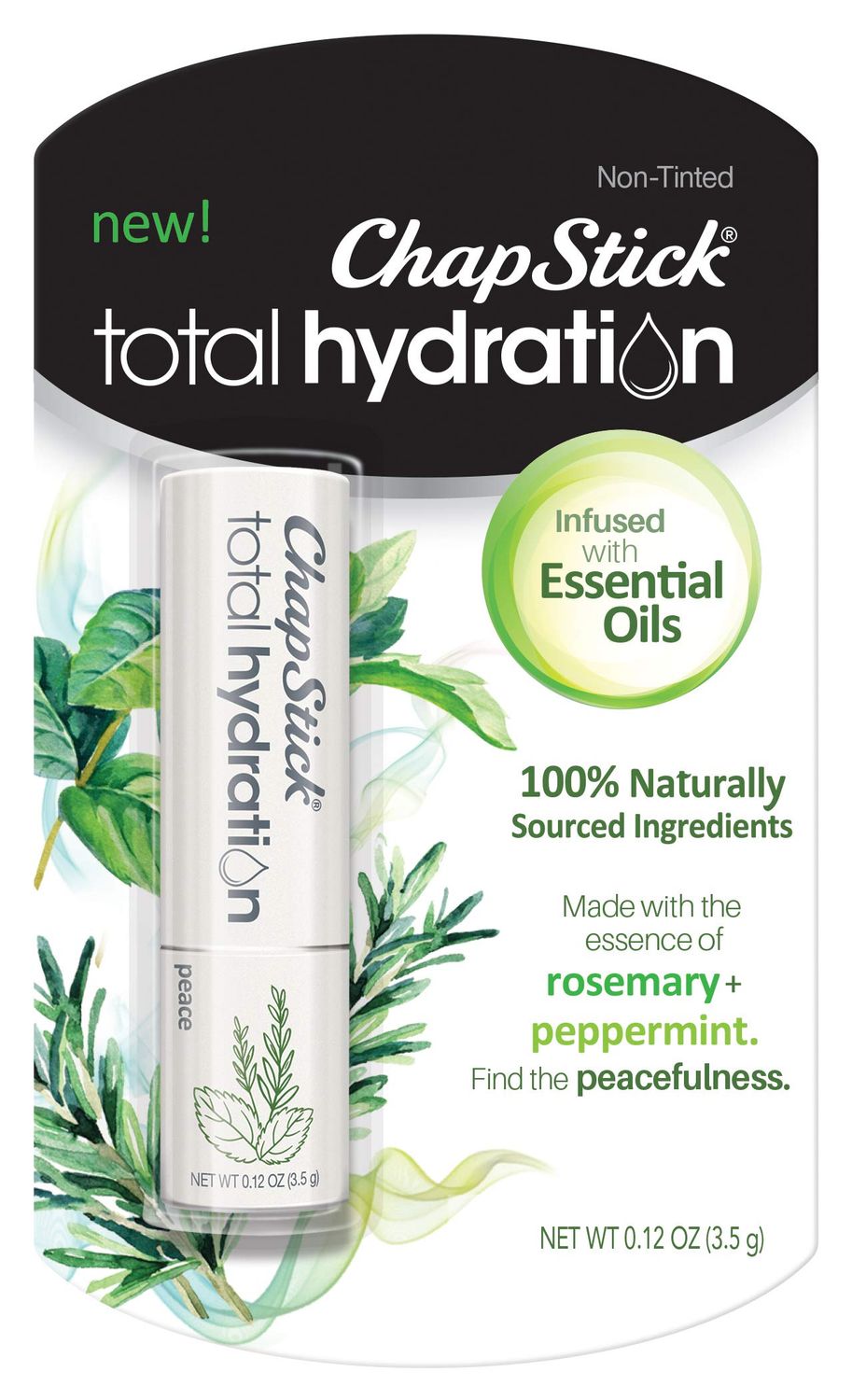 ChapStick Total Hydration Essential Oils Peace Lip Balm, Rosemary  Peppermint Lip Balm Tube, Lip Care - 0.12 Oz