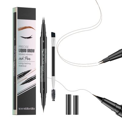 Hello Kiss Microblading Eyebrow Pen - Dual-Ended Microblading Eyebrow Pen with Ultra-Fine Tip and Brush Creates Flawless Hair-Like Brows, Waterproof and Long-Lasting (Brown)