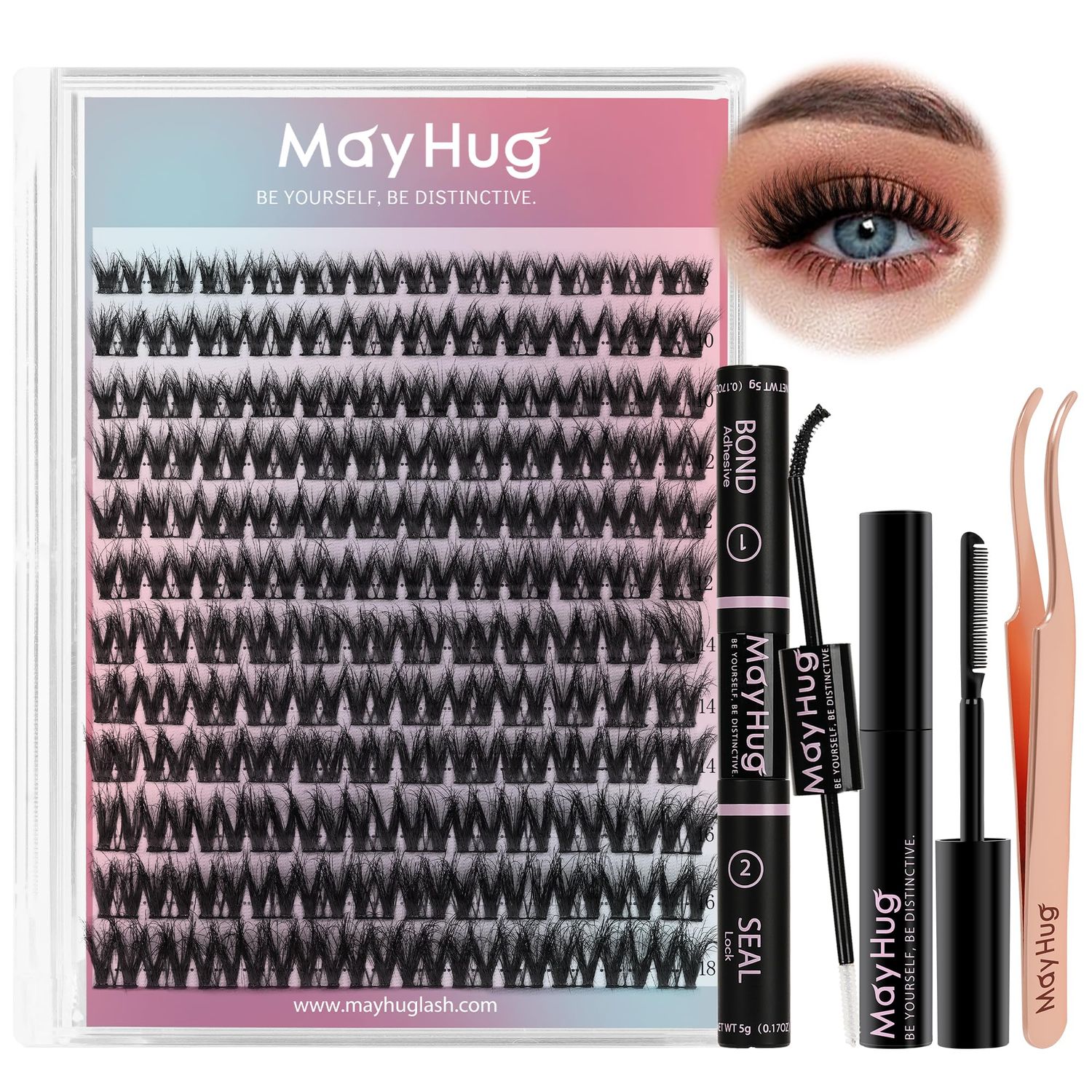 Mayhug Lash Extension Kit 144 Pcs, 3D Lash Clusters 8-18D Curl Wispy Lash Clusters with 10ml Bond and Seal Waterproof, 5ml Lash Remover, Lash Tweezers Eyelash Extensions Kit at Home (Prism Kit)