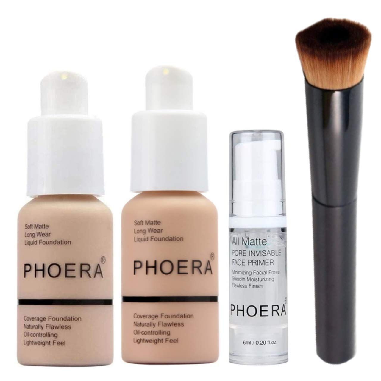 Phoera Foundation Full Coverage Makeup Set - Includes Nude &amp; Warm Peach 30ml Matte Foundation, 6ml Face Primer &amp; Liquid Foundation Brush for Easy Application