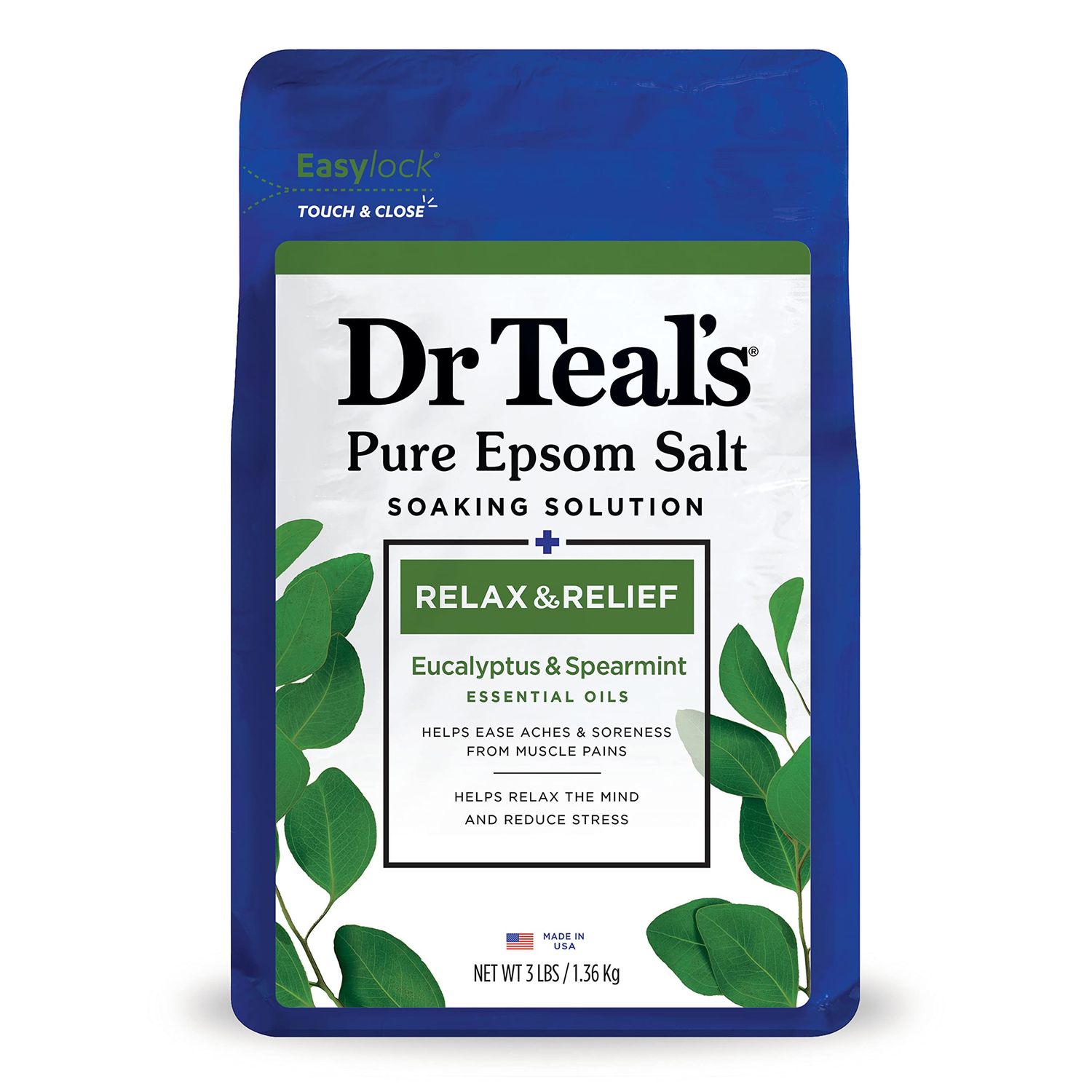 Dr Teal&#39;s Epsom Salt Soaking Solution, Relax &amp; Relief, Eucalyptus and Spearmint, 3lbs, 48 Oz