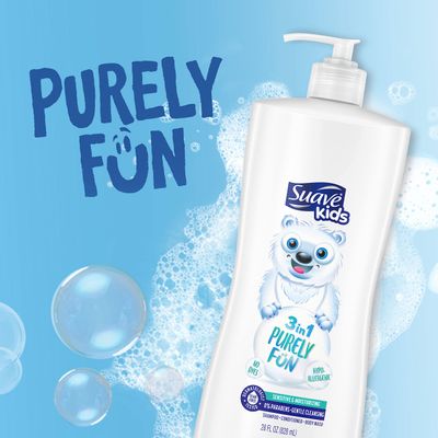 Suave Kids 3-in-1 Shampoo Conditioner Body Wash Purely Fun Makes Bath Time Quick and Easy, Paraben Free and Dermatologist Tested Kids Shampoo 3 in 1 Formula 28 Fl Oz (Pack of 4)