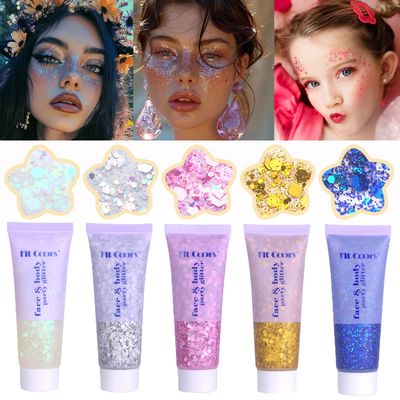 Face Body Glitter, Hair Glitter Sparkles Chunky Body Face Glitter Gel for Girls Makeup Singer Concerts Mermaid (WhiteSilverPinkGoldBlue)