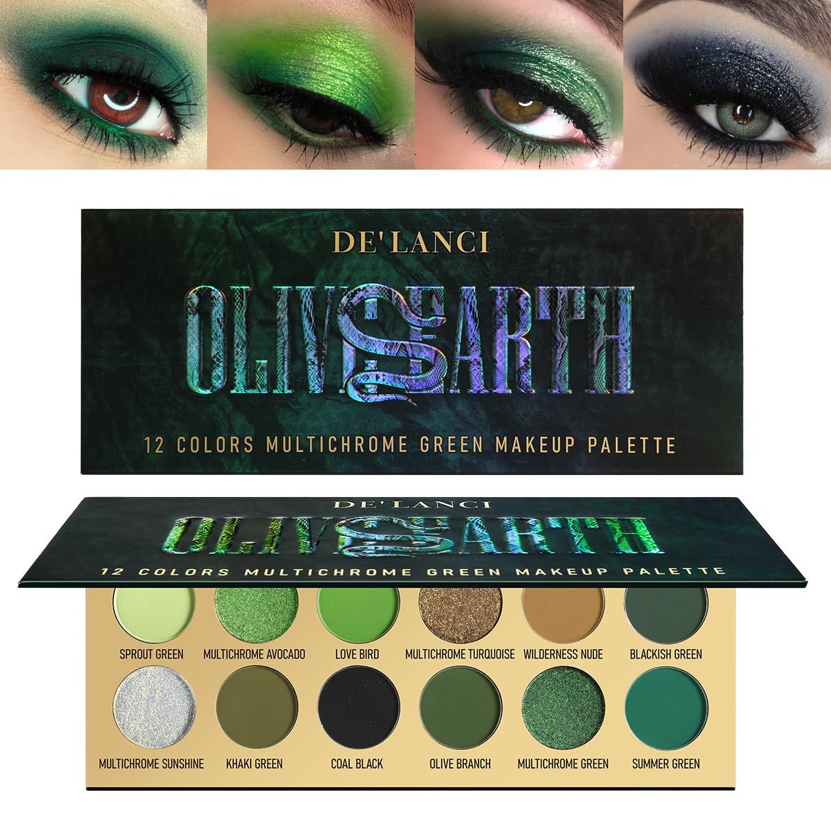 DE&#39;LANCI Glitter Olive Green 12 Colors Makeup Pallet, Multichrome Green Eyeshadow Palette, Matte Shimmer Light Dark Emerald Green Brown Eye Shadow for Hazel Eyes, Bright Sparkly Black Silver Shades