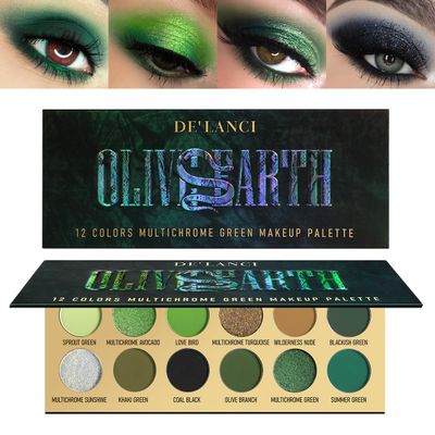 DE&#39;LANCI Glitter Olive Green 12 Colors Makeup Pallet, Multichrome Green Eyeshadow Palette, Matte Shimmer Light Dark Emerald Green Brown Eye Shadow for Hazel Eyes, Bright Sparkly Black Silver Shades
