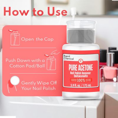 Pure Acetone 100 Percent Nail Polish Remover and Gel Nail Polish Remover With built-in Pump (175ml  6 fl. oz) 100% Acetone