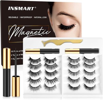 Magnetic Eyelashes with Magnetic Eyeliner Kit -10 Pairs Upgraded 3D 5D Magnetic Eyelashes Kit with Tweezers &amp; 2 Tubes of Magnetic Eyeliner, Reusable, No Glue (10 Pairs)