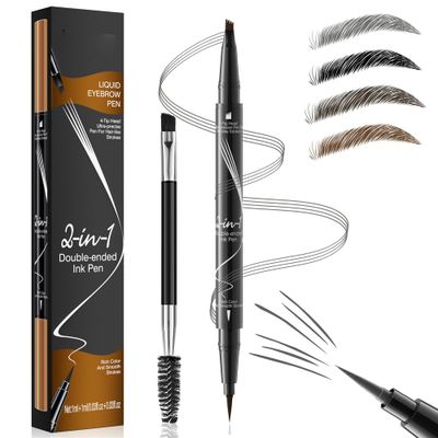DEFSAP Eyebrow Pen - Microblading Eyebrow Pencil Magical 2-in-1 Dual-Ended Eye Brow Pencils for Women with 4-Fork-Tip &amp; Single Tip and Double-Ended Eyebrow Brush Last All-Day (Grey)