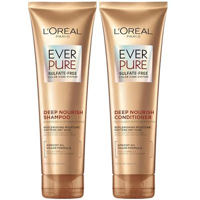 L&#39;Oreal Paris Sulfate Free Shampoo and Conditioner for Dry Hair, Triple Action Hydration for Dry, Brittle or Color Treated Hair, Apricot Oil Infused Hair Care, EverPure, 8.5 Fl Oz, Set of 2