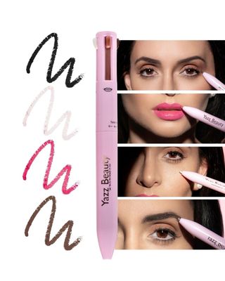 YAZZ BEAUTY 4-in-1 Touch Up Makeup Pen - Eyeliner in black, Eyebrow Pencil in Dark Brown, Highlighter in Shimer White, Lip Liner in Hot Pink - Travel Make Up Pen - The Ultimate 4-in-1 Make Up Pen