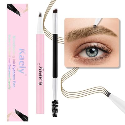 evpct Kaely 1Pcs Light Brown Magic Microblading Eyebrow Contouring Pen Brow Pencil, with 4 Brush Micro-Fork-Tips Precise Applicator, Dual-ended Eyebrow Brush, Hair Like Strokes, Natural Looking Brows