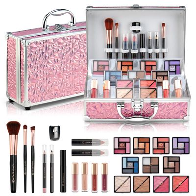 Color Nymph Starter Makeup Kit for Tweens Girls, Train Case for Women Full Kit with Eye Shadow, Lipstick, Blush, Brushes, Lipgloss, Mascara, Brow Wax and Mirror Pink Full Starter Cosmetics Set