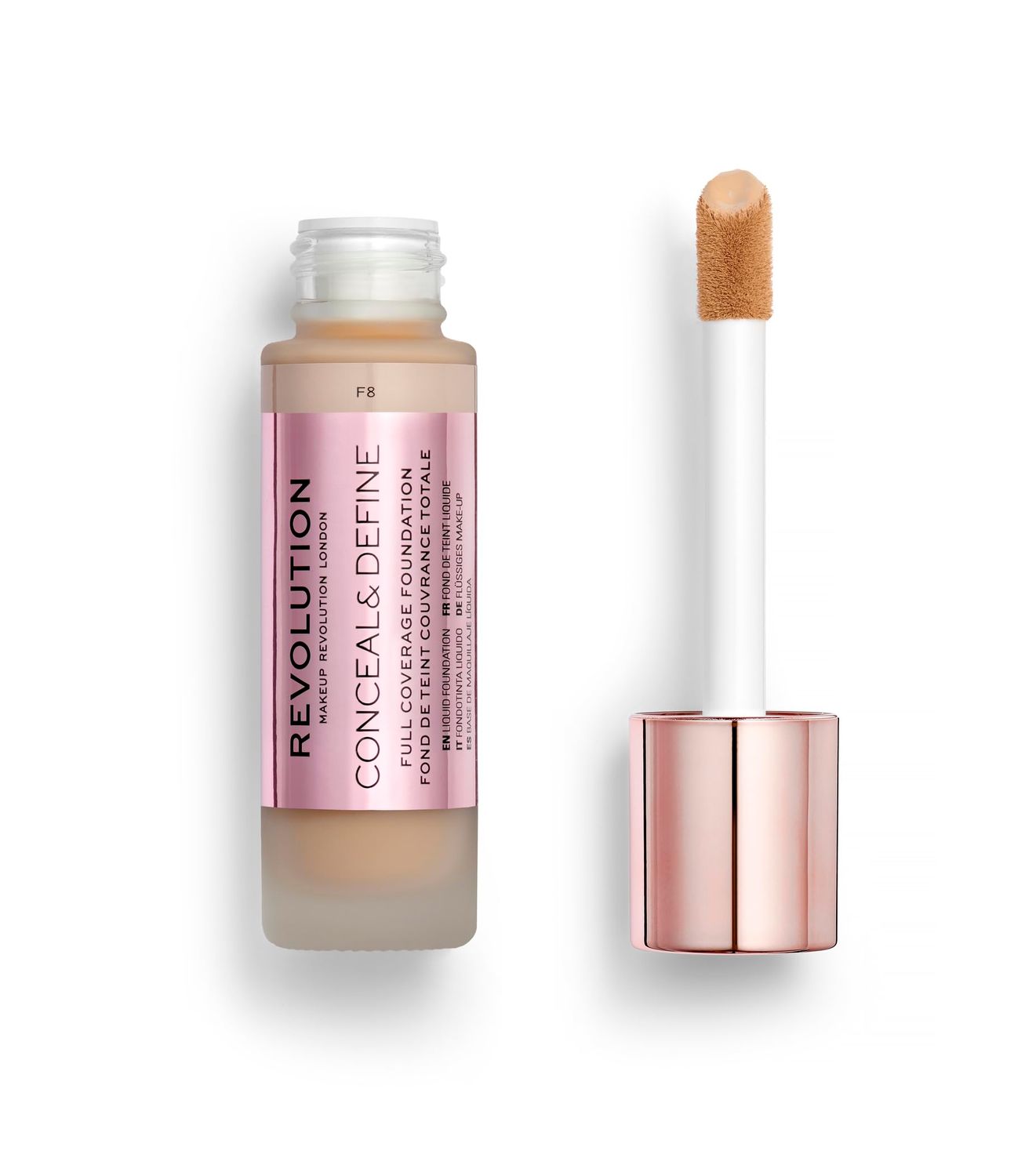 Revolution Beauty, Conceal &amp; Define Foundation, Full Coverage, Long-Lasting Matte Finish, Vegan &amp; Cruelty Free, F8 Light to Medium Skin Tones, 0.8 Fl.Oz.