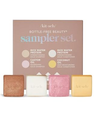 Kitsch 4pc Sampler Solid Shampoo and Conditioner Bar Set - Rice Bar Shampoo and Conditioner Bar, Castor Oil Shampoo Bar &amp; Coconut Oil Deep-Moisturizing Hair Conditioner Bar, Zero Waste