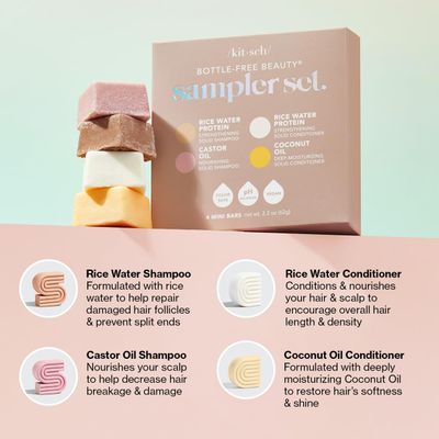 Kitsch 4pc Sampler Solid Shampoo and Conditioner Bar Set - Rice Bar Shampoo and Conditioner Bar, Castor Oil Shampoo Bar & Coconut Oil Deep-Moisturizing Hair Conditioner Bar, Zero Waste