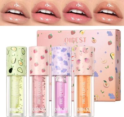 4PCS Plumping Lip Oil,Big Brush Head Lip Oil,Moisturizing Lip Gloss Lip Oil,Natural Nourishing Lip Oil Gloss,Lightweight &amp; Non Greasy