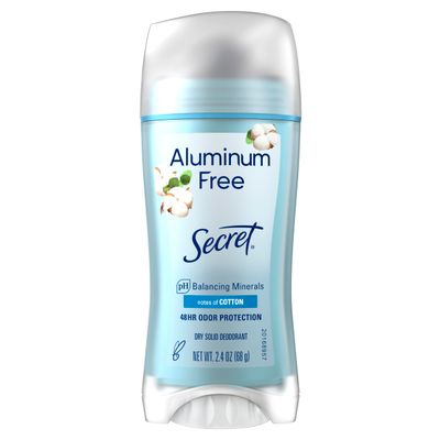 Secret Deodorant Aluminum Free for Women, 48hr Odor Protection, Free of Parabens Dyes Talc &amp; Baking Soda, Cotton Scent, 2.4 oz