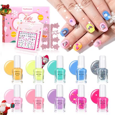 TOMICCA Kids Nail Polish Set, Non Toxic Quick Dry Water-Based Peel-Off 10 Colors Toddler Nail Polish Kit Natural Safe Quick Diy Nail Polish Gifts Kit for Girls Ages 5