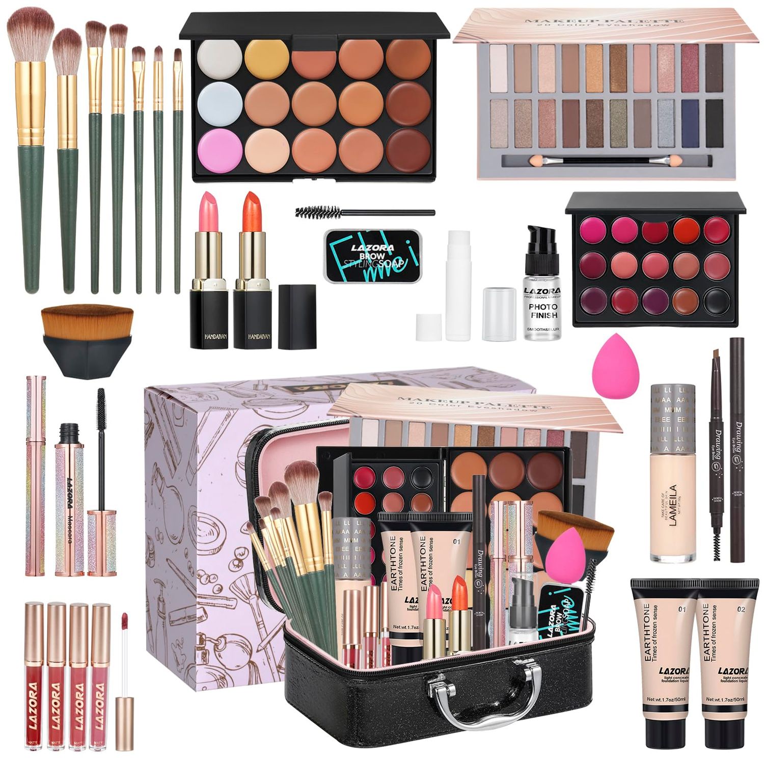 Makeup Kit Full Multi-Purpose Beauty Set Festive Gift Box - Highly Pigmented Palette Combination Lips Facial Brows Eye Makeup Brush for Essential Starter - Full Makeup Kit for Women