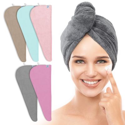 TENSTARS 5 Pack Thicken Microfiber Hair Towel Wrap for Women - Elastic Loop Design - 320GSM Coral Velvet - Quick Dry Hair Turban - 11x28 Inch (GreyPinkBrownFrozenBlueFrozenBerry)