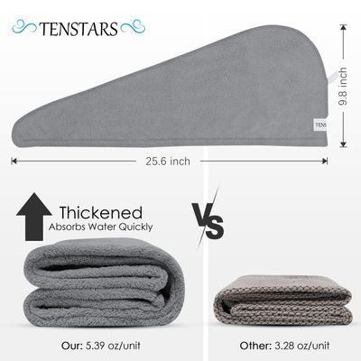 TENSTARS 5 Pack Thicken Microfiber Hair Towel Wrap for Women - Elastic Loop Design - 320GSM Coral Velvet - Quick Dry Hair Turban - 11x28 Inch (GreyPinkBrownFrozenBlueFrozenBerry)