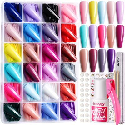 Teenitor Full Cover Color Press On Coffin Nails, 576pcs Fake Nail Tips in 24 Colors, Glue On Long Ballerina False Nails