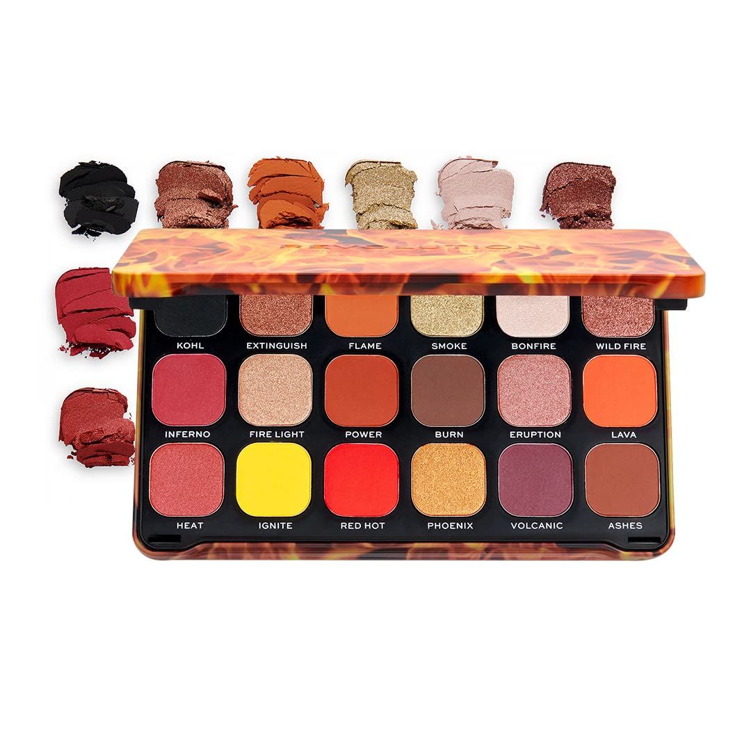 Makeup Revolution Forever Flawless Eyeshadow Palette, Fire, Matte &amp; Shimmer Hues, 18 Pigment-Rich Shades, Cruelty-Free, 0.52 Oz