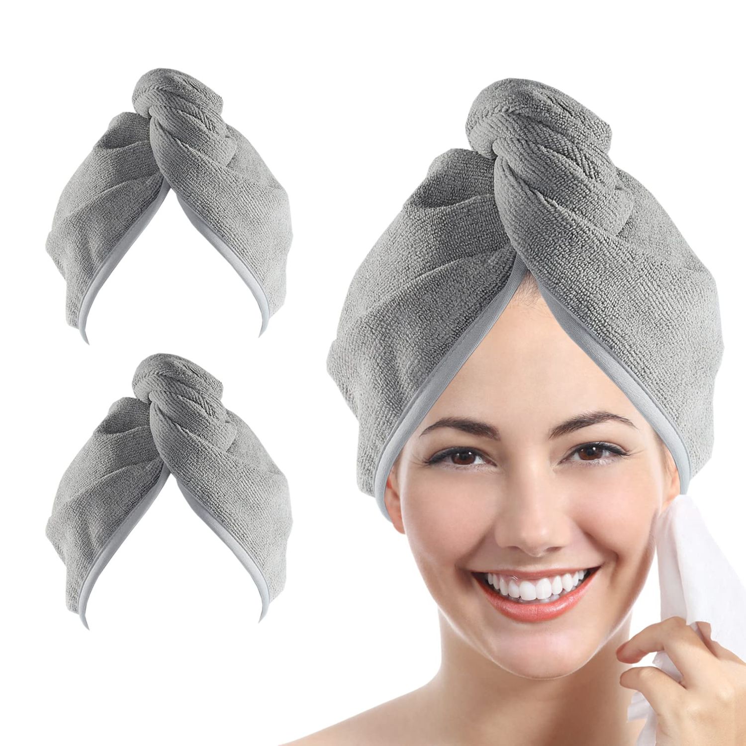 YoulerTex Ultra Plush Microfiber Hair Towel Wrap for Women, 2 Pack 10 inch X 26inch Purple, Ultra Absorbent Twist Hair Turban Drying Cap Hair Wrap, for Drying Curly, Long &amp; Thick Hair (Gray)
