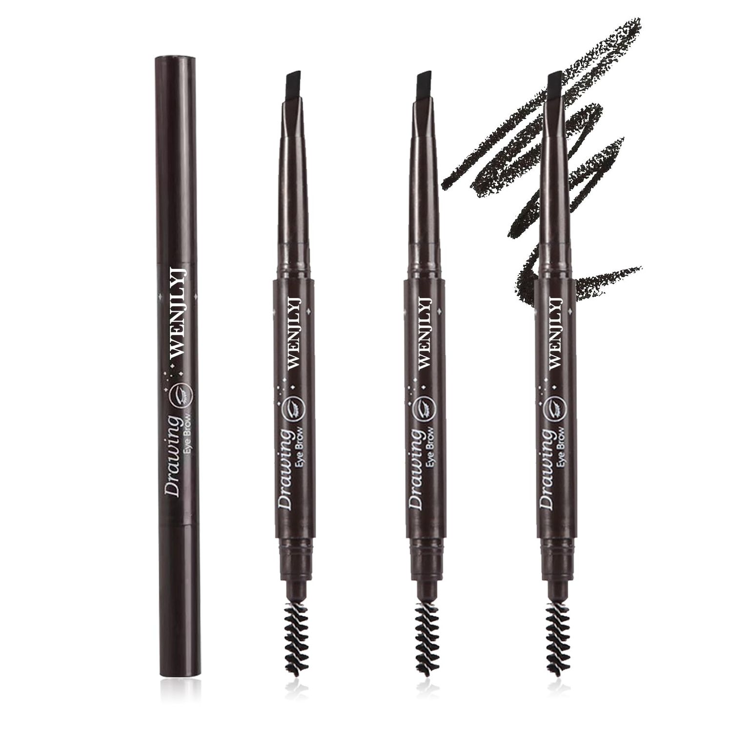 3 Pcs Waterproof Eyebrow Pencil,Longwearing Eyebrow Pen Makeup with Brush,Smudge Proof Brow Pen,Eye Brow Pencils for Women Daily Eye MakeupBlack