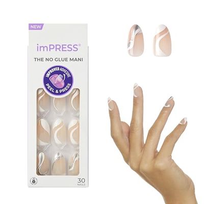 KISS imPRESS No Glue Mani Press On Nails, Design, &#39;On My Mind&#39;, White, Medium Size, Almond Shape, Includes 30 Nails, Prep Pad, Instructions Sheet, 1 Manicure Stick, 1 Mini File