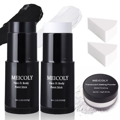 MEICOLY Black White Face Body Paint Stick Set with Sponges and Setting Powder,Face Paint Stick for Adults and Kids,Clown White Makeup,Face Painting for Halloween SFX Skull Zombie Skeleton Goth Makeup